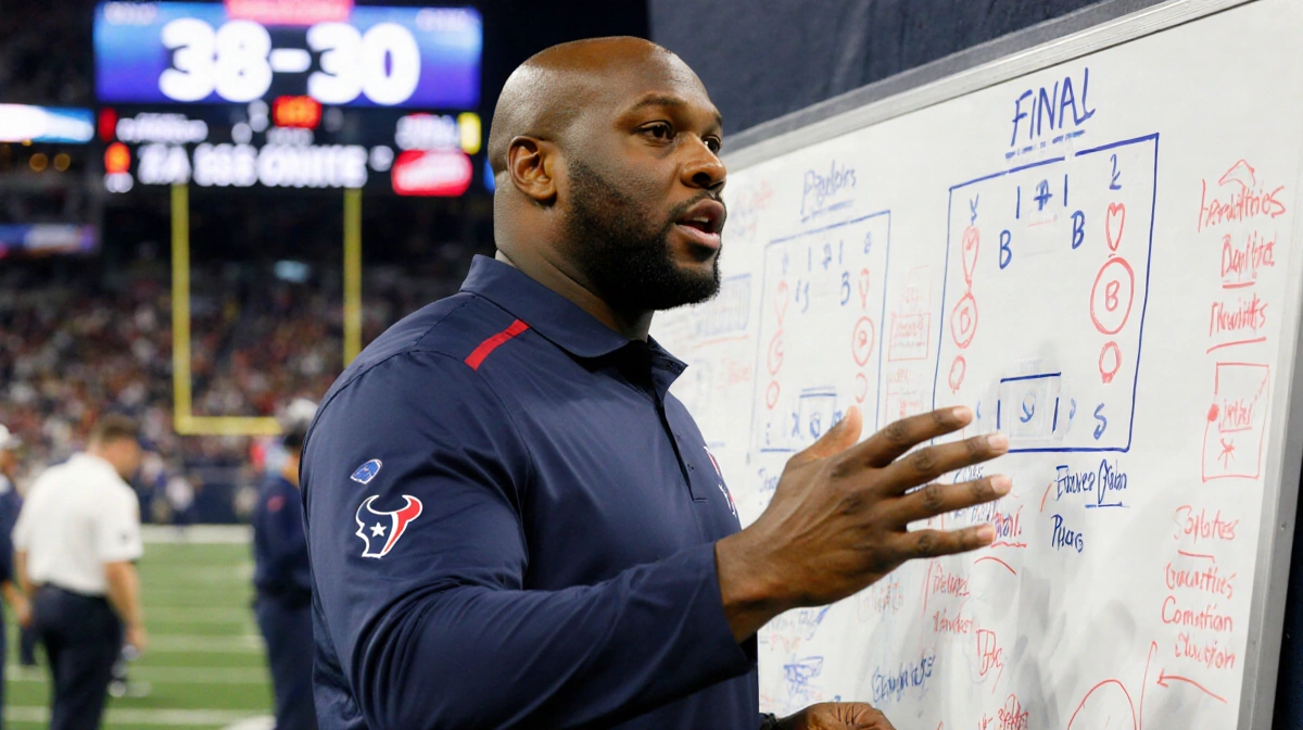 DeMeco Ryans addresses Texans with whiteboard full of play diagrams and post-game notes in background