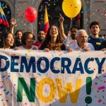 Crowd gathers at protest rally near embassy with banner reading Democracy Now! and confetti floating and flags