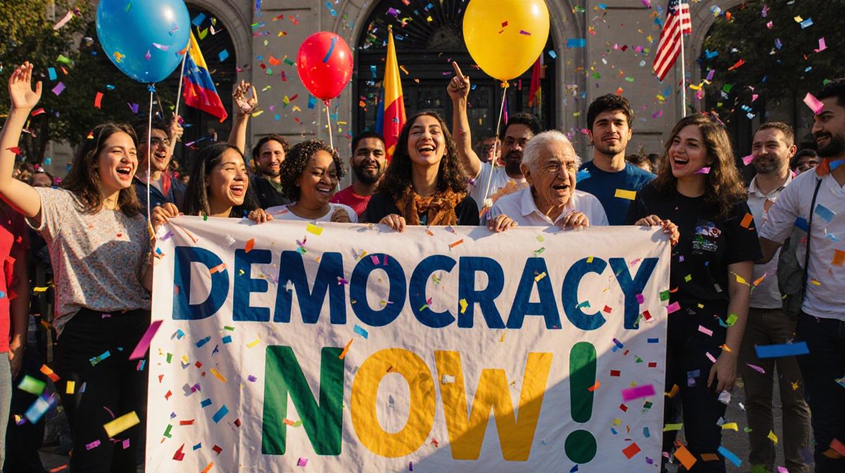 Crowd gathers at protest rally near embassy with banner reading Democracy Now! and confetti floating and flags