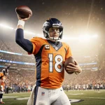 Broncos quarterback raising arm with football in hand and cheering fans behind him under golden stadium lights with scoreboar