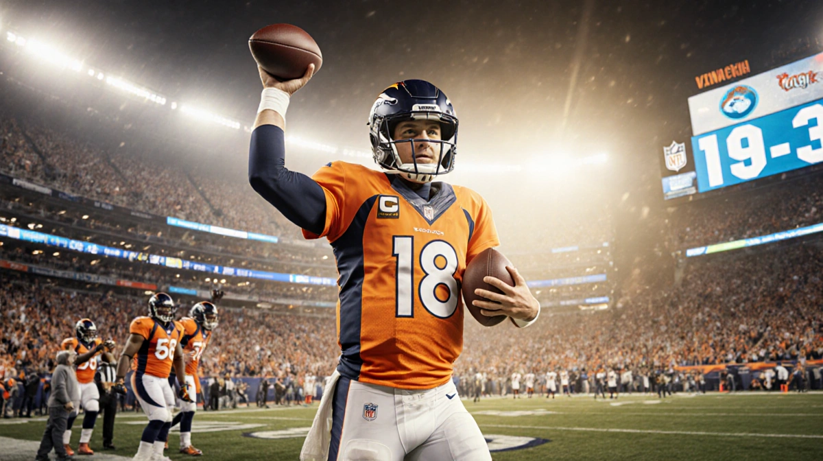 Broncos quarterback raising arm with football in hand and cheering fans behind him under golden stadium lights with scoreboar