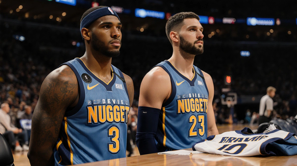 Aaron Gordon and Christian Braun standing on the Denver Nuggets bench with light reveals their faces after injury and a disca