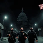 Maduro being led away by masked U.S. agents with dimly lit Caracas streets and a looming presidential palace