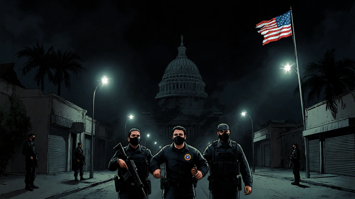 Maduro being led away by masked U.S. agents with dimly lit Caracas streets and a looming presidential palace