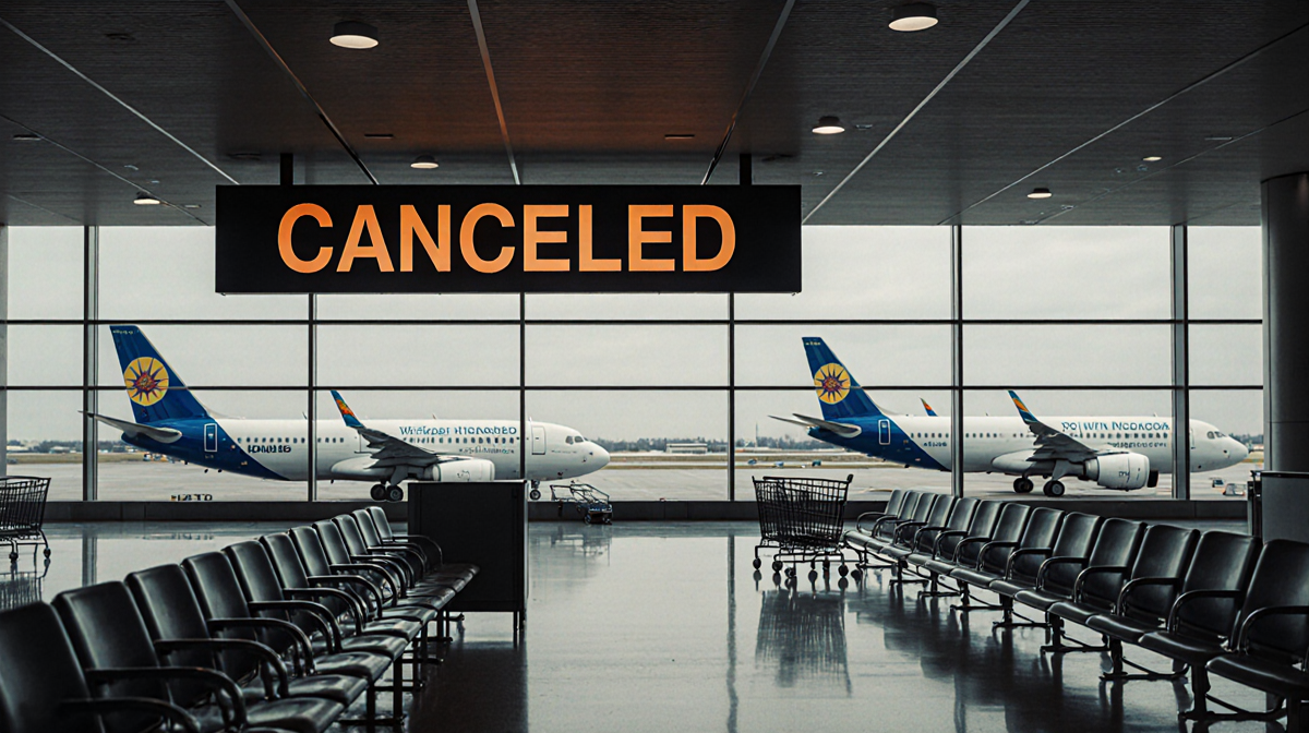 Deserted airport terminal shows a large CANCELED sign with planes parked idle and luggage carts scattered.