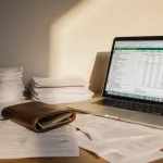 Desk cluttered with financial documents with a laptop open to a spreadsheet and a worn wallet spilling onto the floor
