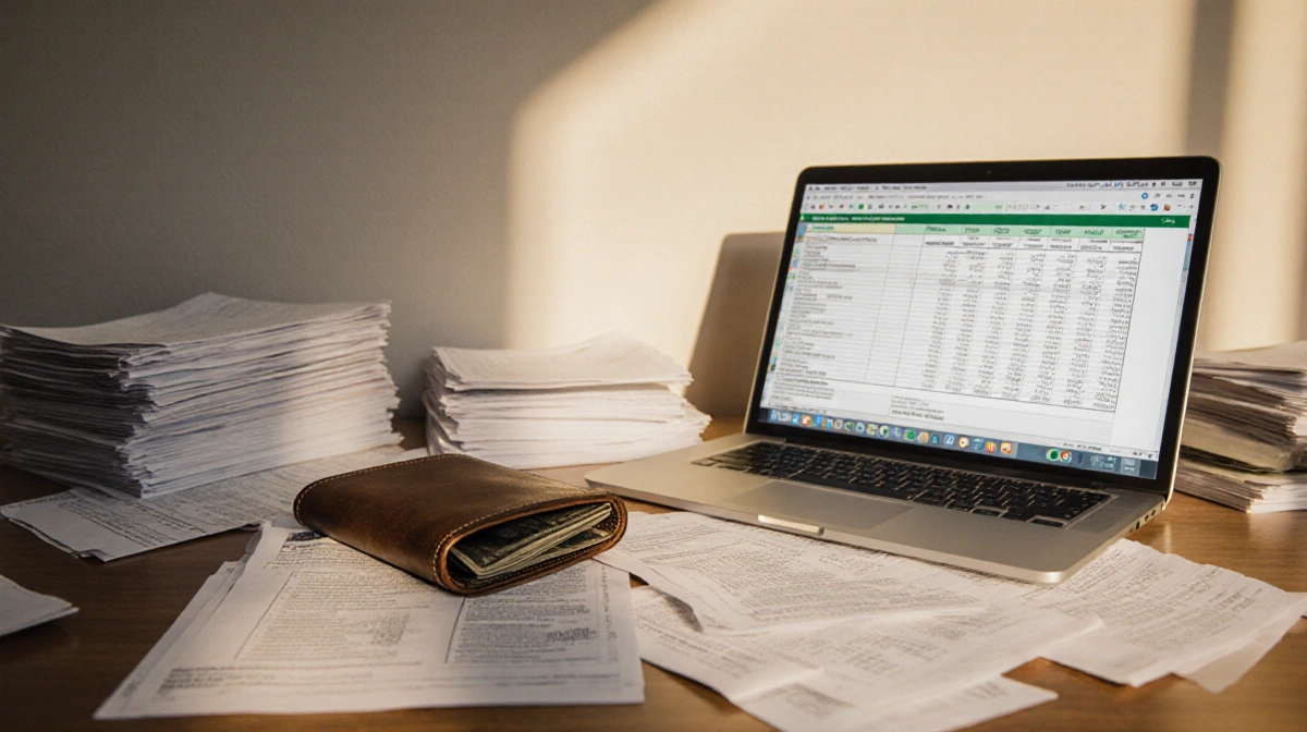 Desk cluttered with financial documents with a laptop open to a spreadsheet and a worn wallet spilling onto the floor