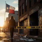 Woman walking away from crime scene with police cordon and Texas flag in the city street background