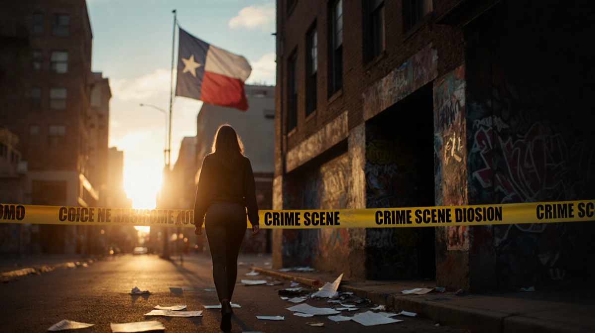 Woman walking away from crime scene with police cordon and Texas flag in the city street background
