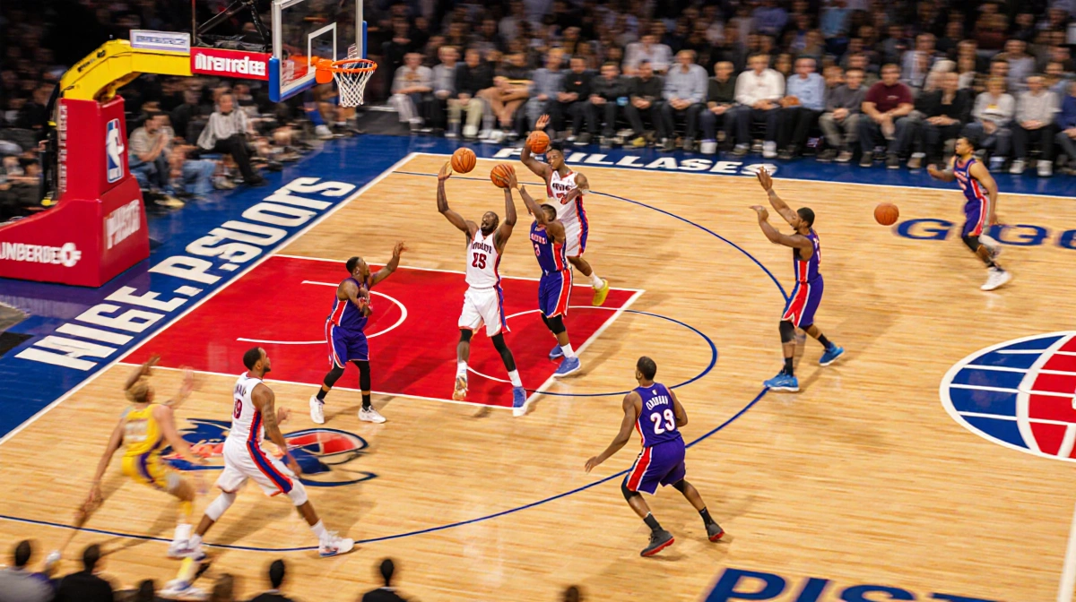 Detroit Pistons player shooting in the paint with Lakers defenders struggling and warm dynamic lighting