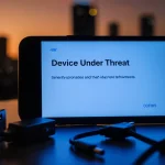 Smartphone screen flashing a Device Under Threat alert with a fading cityscape at sunset and scattered cables around