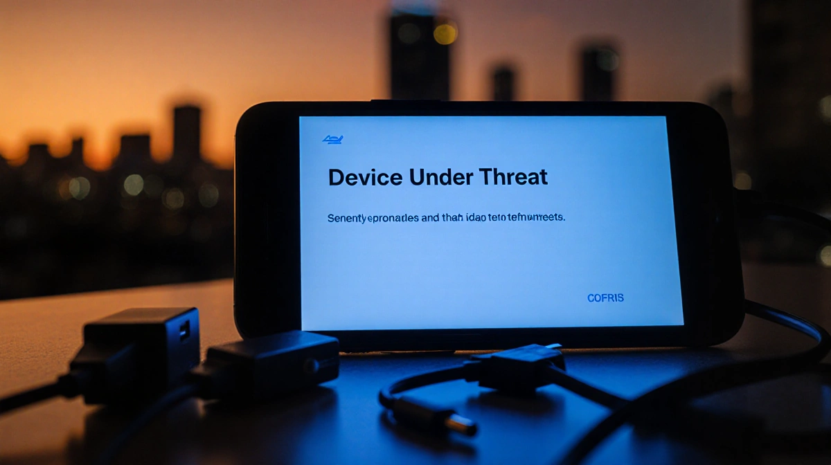 Smartphone screen flashing a Device Under Threat alert with a fading cityscape at sunset and scattered cables around