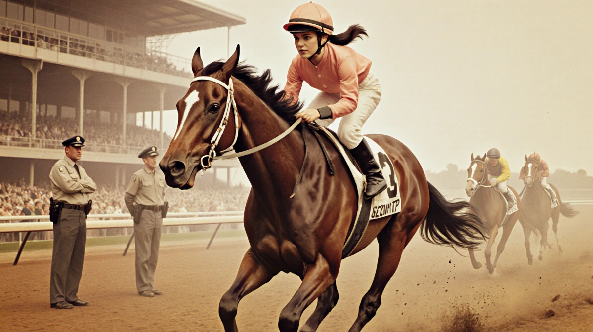 Jockey Diane Crump riding her horse Bridle 'n Bit with a racing helmet and ponytails in a hazy 1969 Hialeah Park track