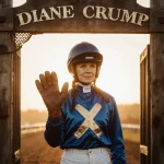 Diane Crump standing proudly with helmet and racing glove in front of a wooden gate and backdrop female jockey horse racing