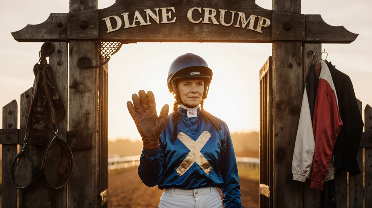 Diane Crump standing proudly with helmet and racing glove in front of a wooden gate and backdrop female jockey horse racing