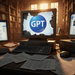 Screens flicker with ChatGPT chats and Wikipedia articles with a cracked Grokipedia logo in warm sunset glow.