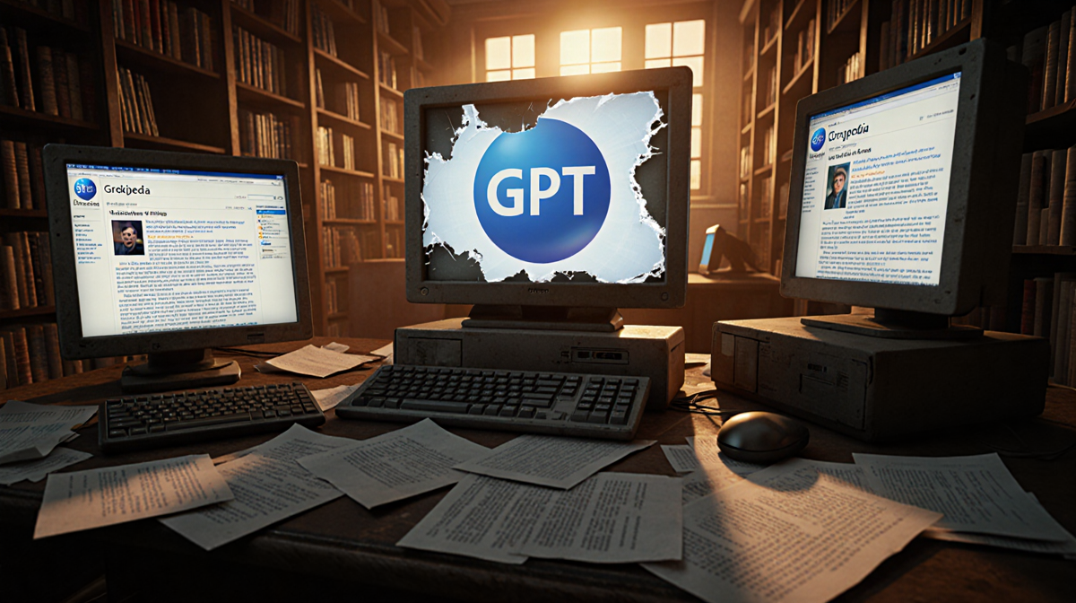 Screens flicker with ChatGPT chats and Wikipedia articles with a cracked Grokipedia logo in warm sunset glow.