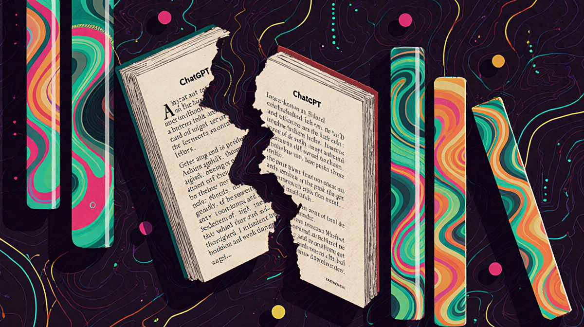 Digital library swirl with neon splashes and AI patterns revealing torn pages of Grokipedia and ChatGPT citations