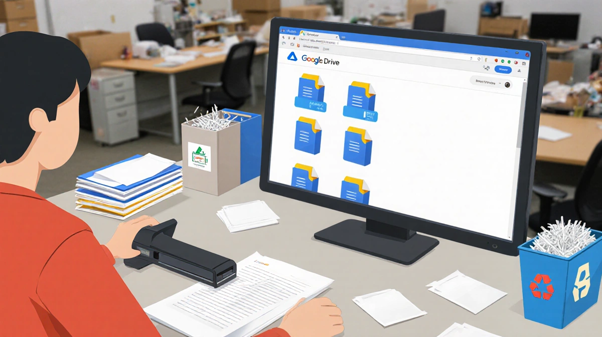 Person organizing documents digitally with Google Drive screen and papers decluttering.
