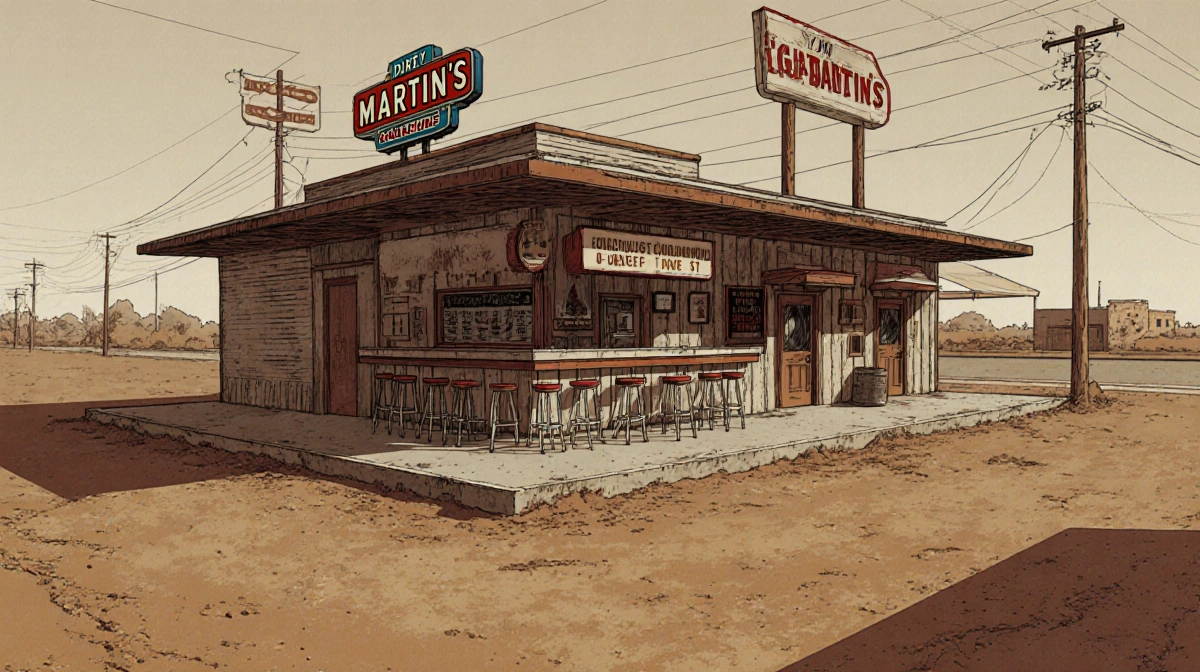 Flattop grill cooking with an eight-stool bar and vintage drive-through in 1926 style