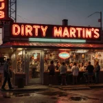 Customers laughing while eating burgers on polished floor with neon sign and vintage photos on walls