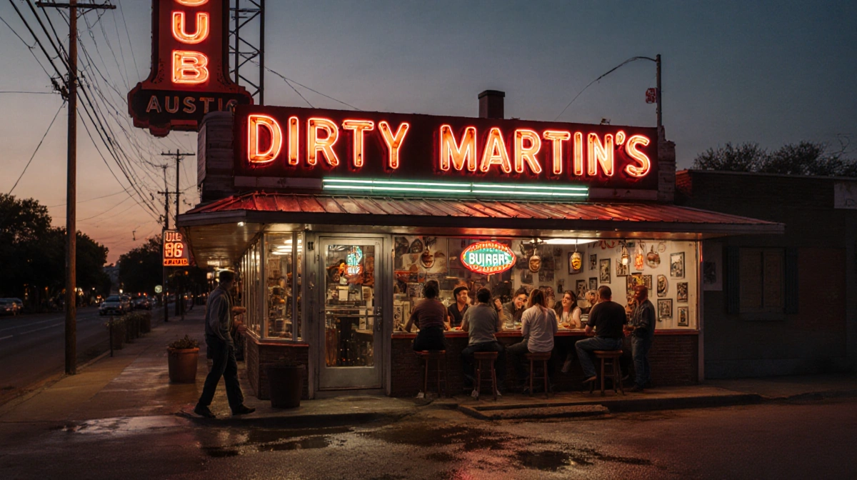 Customers laughing while eating burgers on polished floor with neon sign and vintage photos on walls