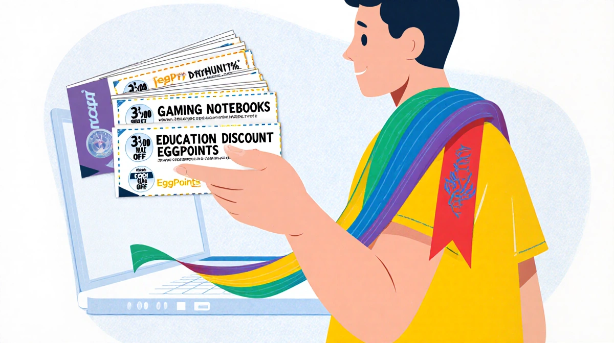 Person holding stack of discount coupons with Newegg promo code ribbon draped over shoulder and tech notebook background