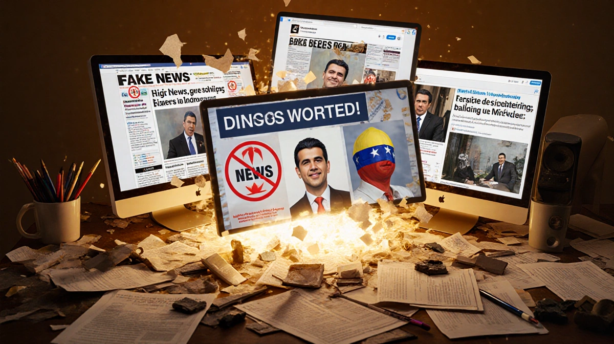 Social media feed spreads misinformation with fake news headlines and AI images on cluttered desk.