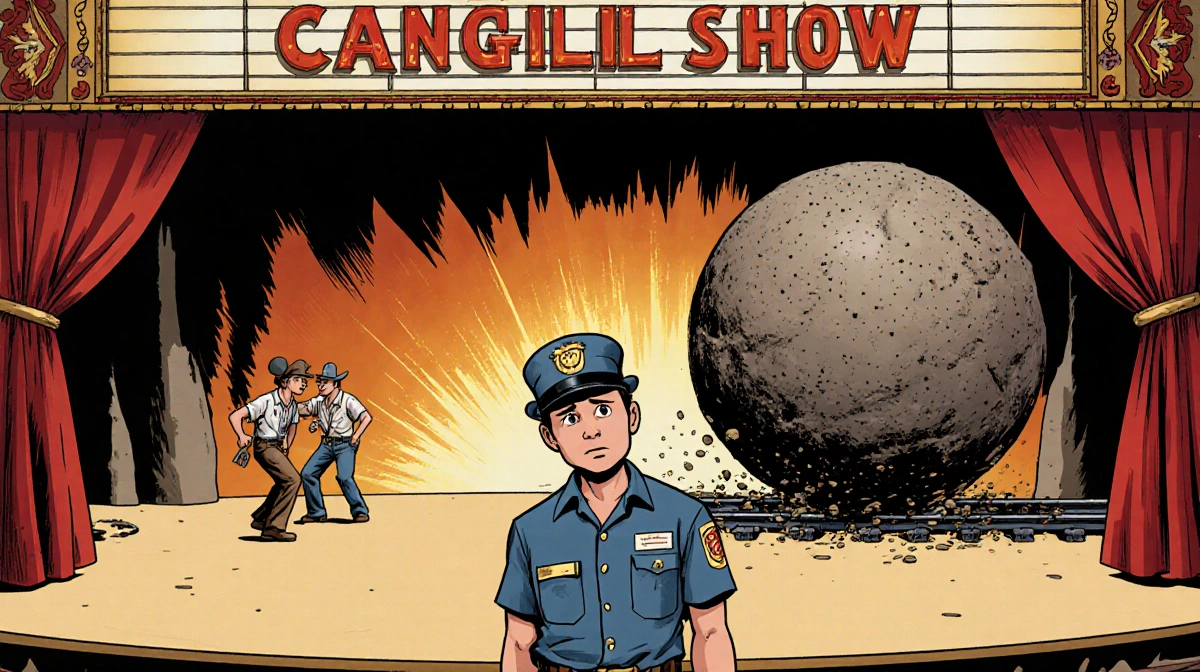 Disney worker standing on empty stage with canceled marquee sign and giant boulder prop nearby.