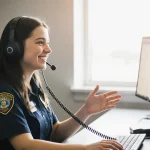 Dispatch operator smiling while talking to caller with headset and warm natural light flooding the calm center