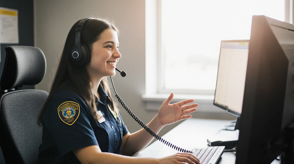 Dispatch operator smiling while talking to caller with headset and warm natural light flooding the calm center