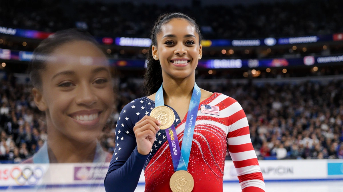 Figure skater stands proudly on podium with U.S. Championship medal and faded skater behind