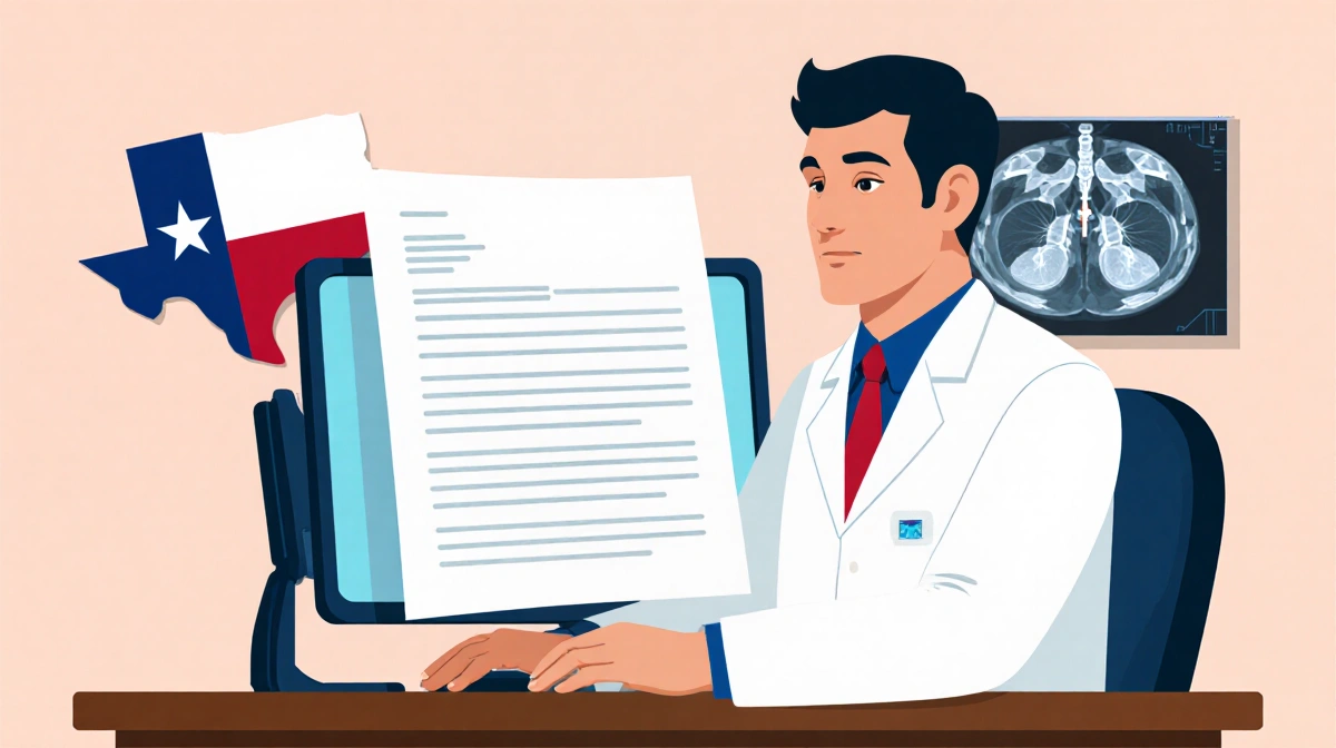 Doctor reviewing memo on computer with X-ray background and Texas flag near desk