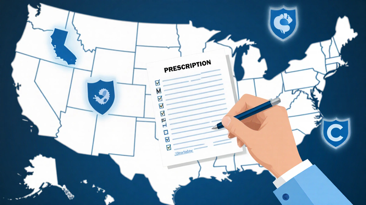 Doctor writing on prescription pad with protective state icons and US map in soft blue tones