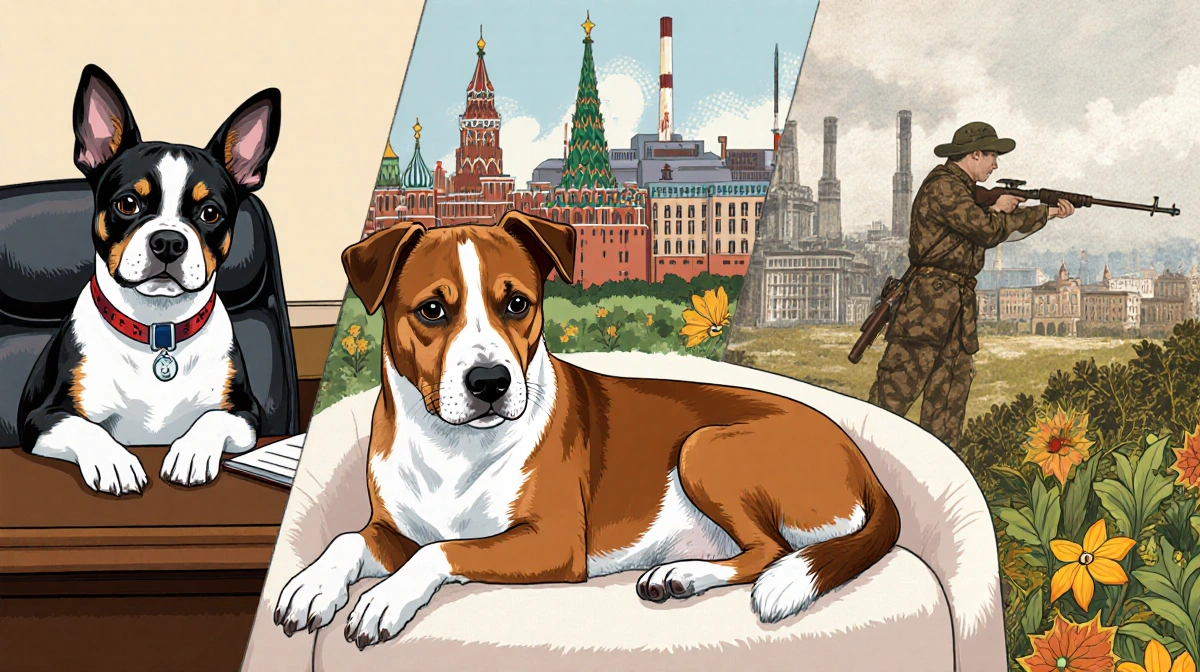 Teddy Roosevelt terrier sitting on a presidential desk with a Russian tsvetnaya bolonka curled in a lap beside Soviet factori