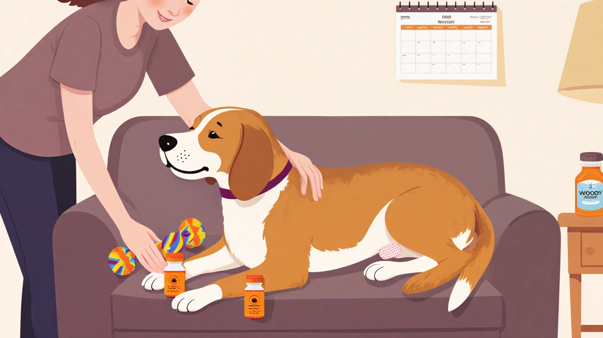 Owner comforting recovering dog on couch with medication bottles and favorite toy showing daily care