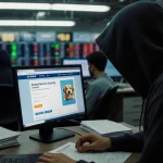 Dogecoin enthusiasts gathering around a computer screen with a login page and a hoodie‑clad figure near a stack of papers