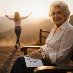 Freida Parton sits at Dollywood on a bench with a note asking for prayers and glow while Dolly Parton walks in the background