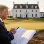 Donald Trump stands at Andrews golf course with white clubhouse behind and blueprint tablet showing Jack Nicklaus design