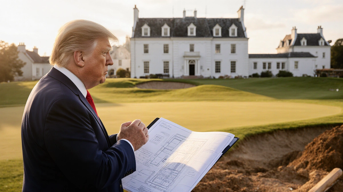 Donald Trump stands at Andrews golf course with white clubhouse behind and blueprint tablet showing Jack Nicklaus design