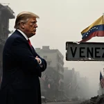Donald Trump stands with crossed arms before a faded Venezuelan flag and broken street sign in a smog‑filled abandoned city.