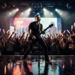 Don Barnes performing guitar riff at concert with neon-lit cityscape backdrop and fans waving glow sticks