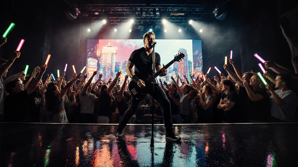 Don Barnes performing guitar riff at concert with neon-lit cityscape backdrop and fans waving glow sticks