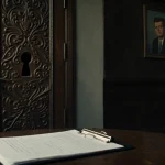 Ornate door with keyhole opens to dusty portrait of Robert F. Kennedy Jr. and a modern clipboard with vaccine research notes