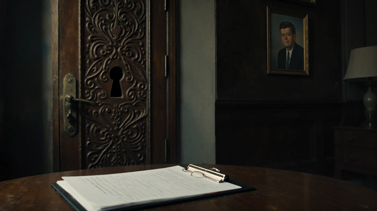 Ornate door with keyhole opens to dusty portrait of Robert F. Kennedy Jr. and a modern clipboard with vaccine research notes