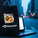 DoorDash delivery bag showing fake AI food with laptop notification and blurred city street in blue tone.