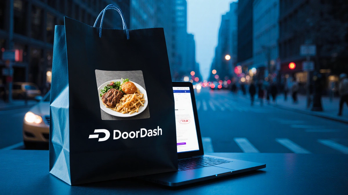 DoorDash delivery bag showing fake AI food with laptop notification and blurred city street in blue tone.