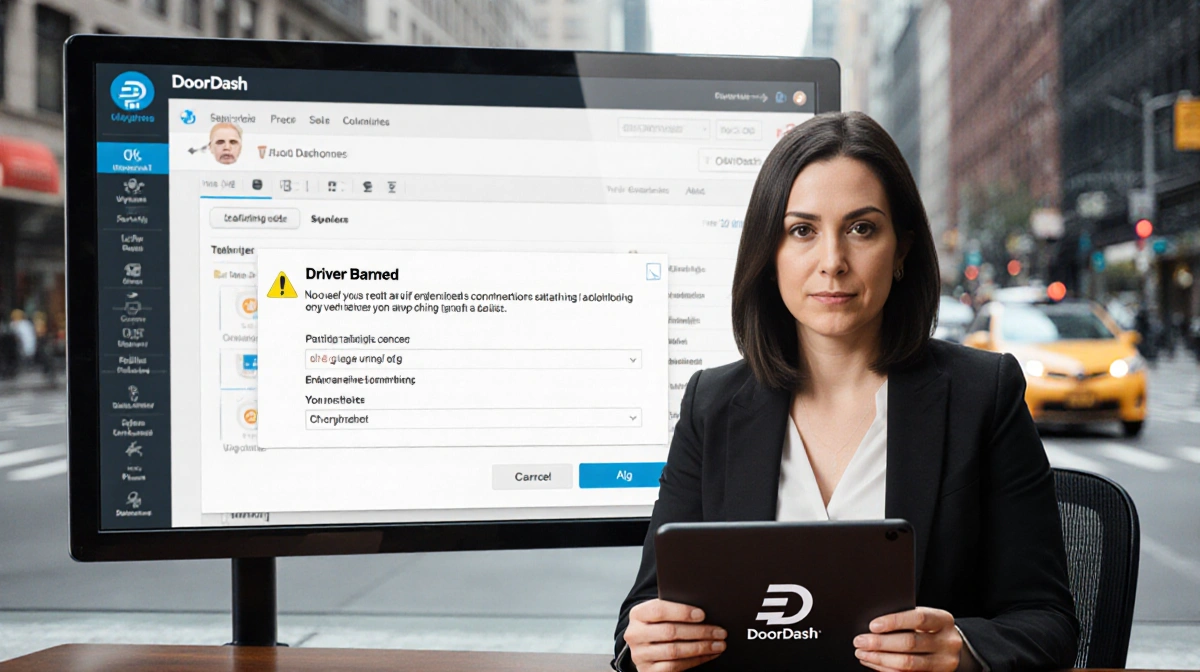 DoorDash spokesperson viewing dashboard with driver banned alert and holding tablet logo near blurred cityscape