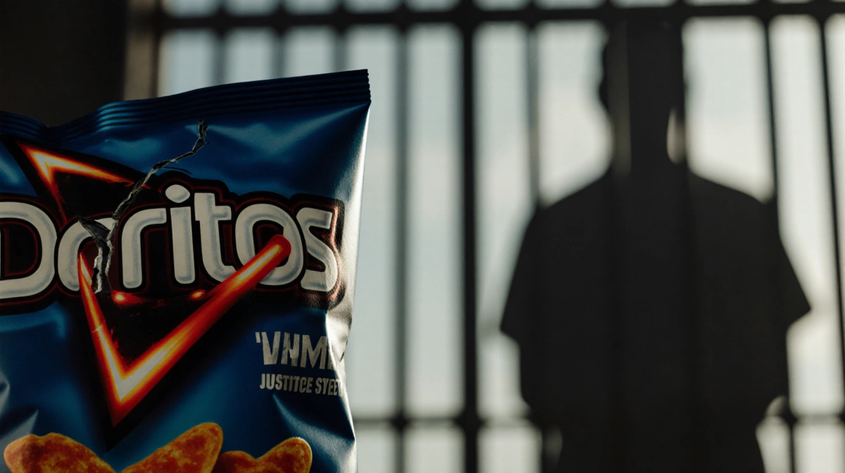 Doritos bag showing a faint crack with prison cell silhouette behind hinting at justice system flaws