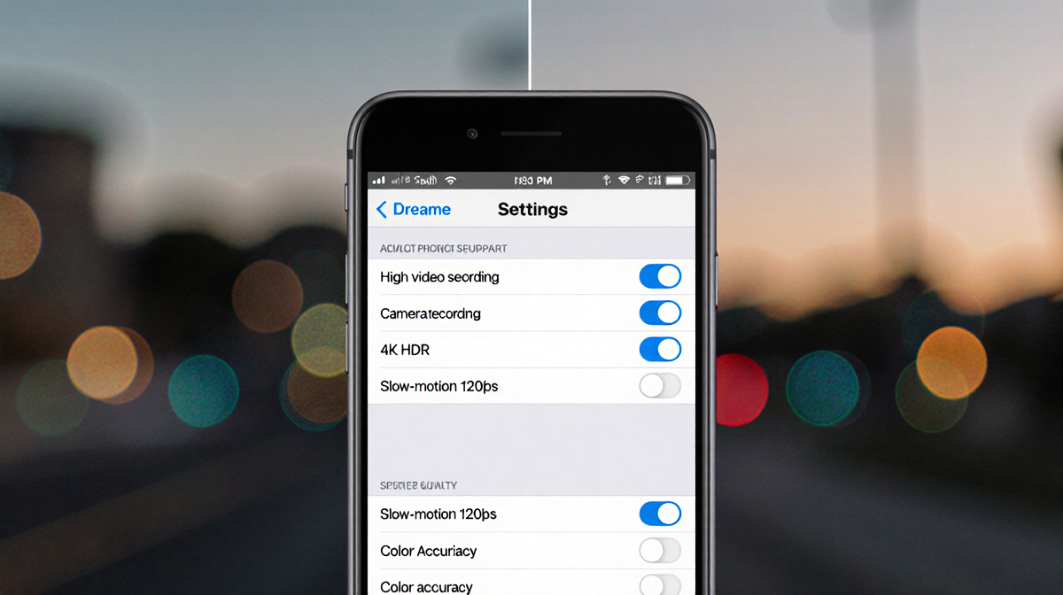 Smartphone screen shows camera settings menu with 8K video and 4K HDR options on split-screen with vibrant outdoor color